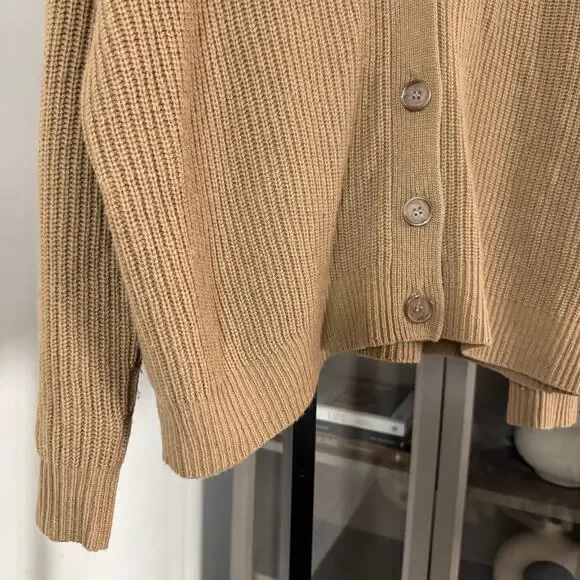 Jenni Kayne Oversized Brown Cropped Cocoon Cardigan V-Neck Rib-Knit Sweater M